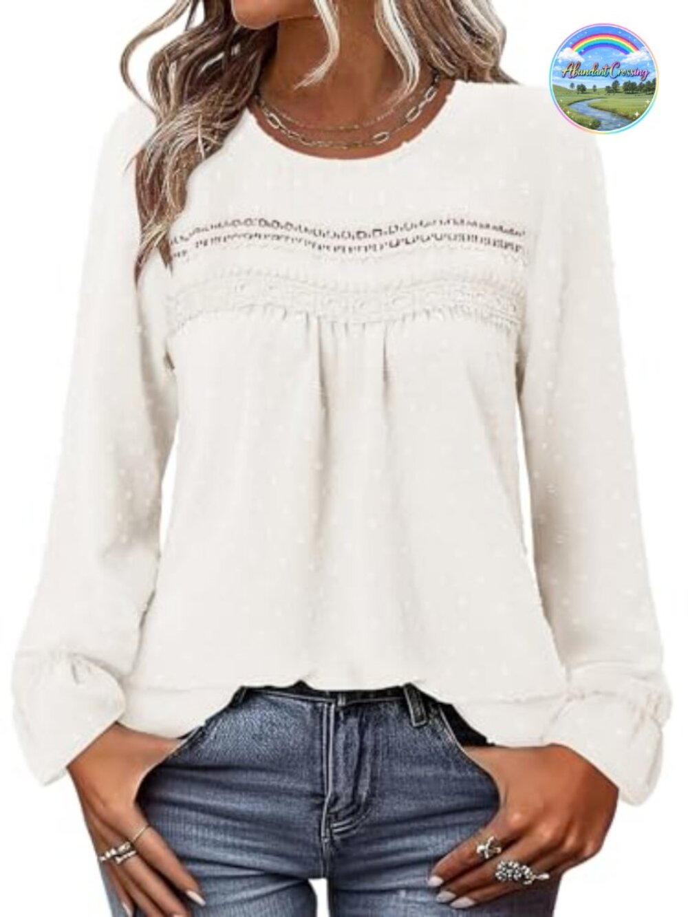 Womens Swiss Dot Long Sleeve Tunic Top Lace Crochet Boho Blouse